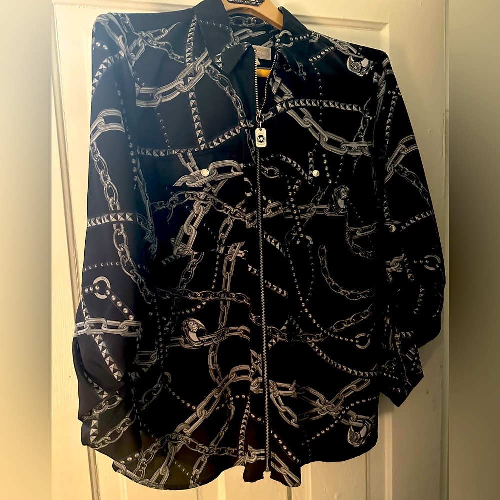 Michael Kors Logo zip blouse. Black and silver in color. Size Large. Like new.